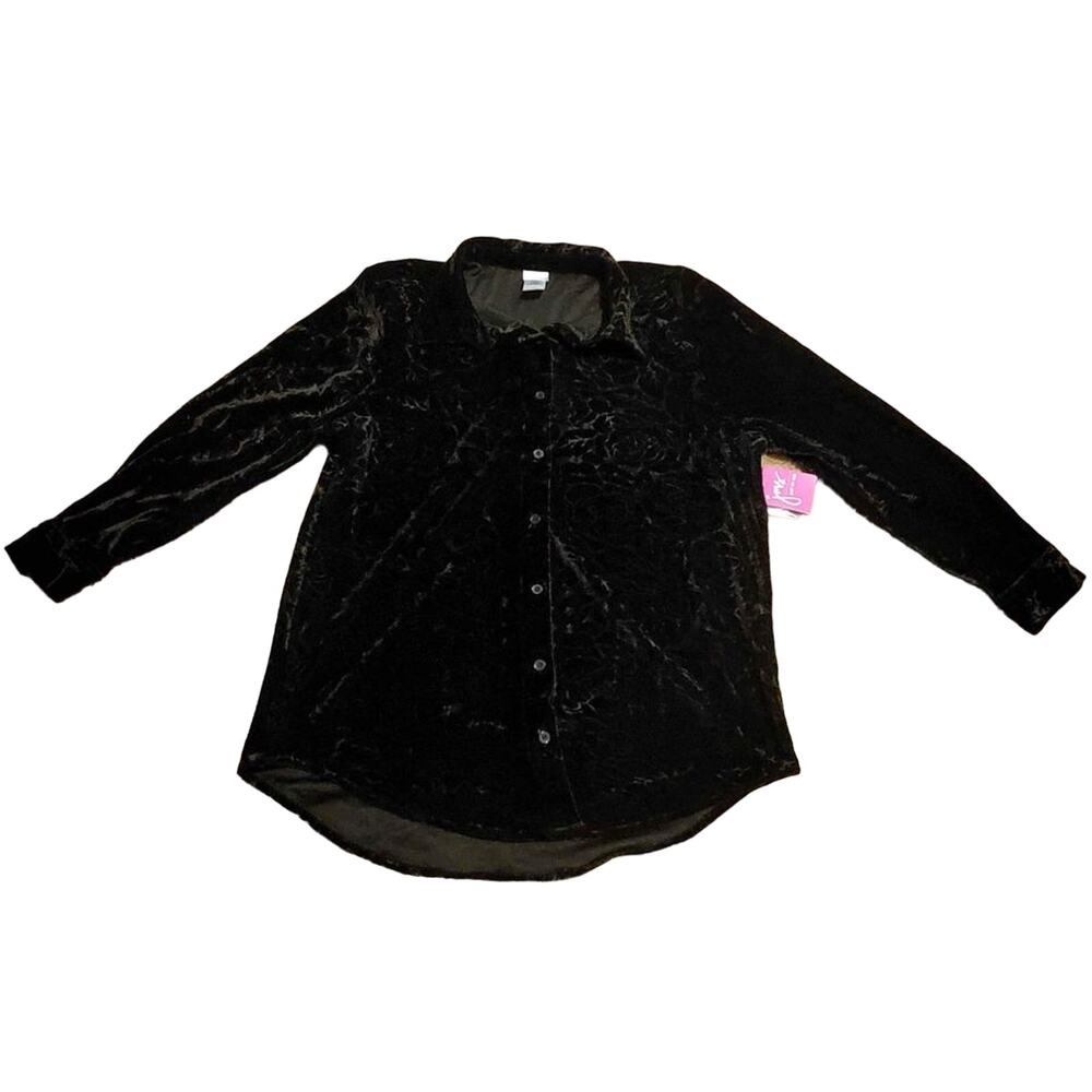 New Just My Size Top Womens 1X Plus Size Black Velvet Boyfriend EMB Rose Floral